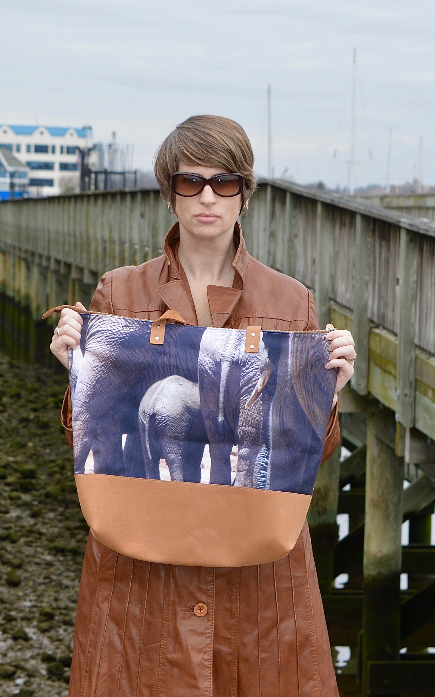 African Elephants Leather And Canvas Handbag